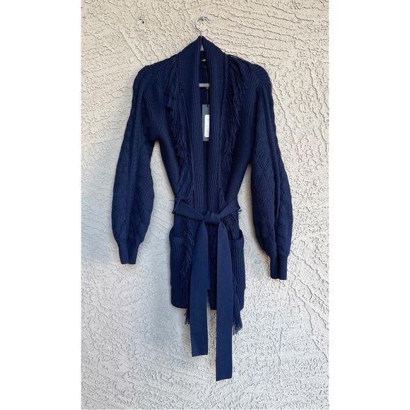 KOBI HALPERIN NWT Luxe Wool Knit Navy Blue Monica Fringe Belted Cardigan Sweater - Picture 9 of 16